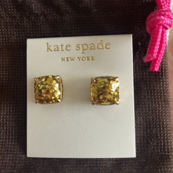Kate Spade Small Square Studs gold glitter Brand New - Picture 2 of 4